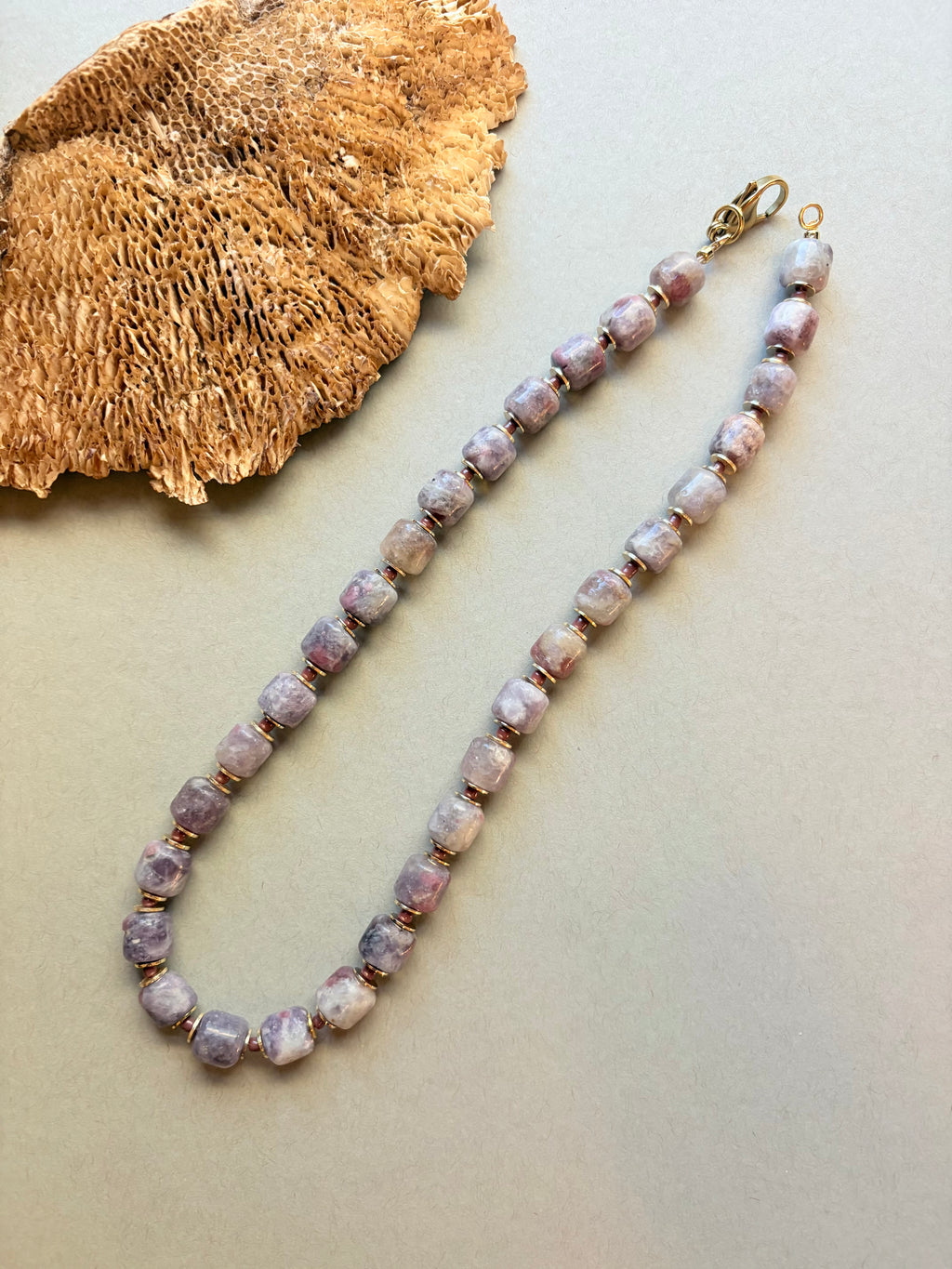 Pink Tourmaline in Lepidolite Quartz Beaded Necklace