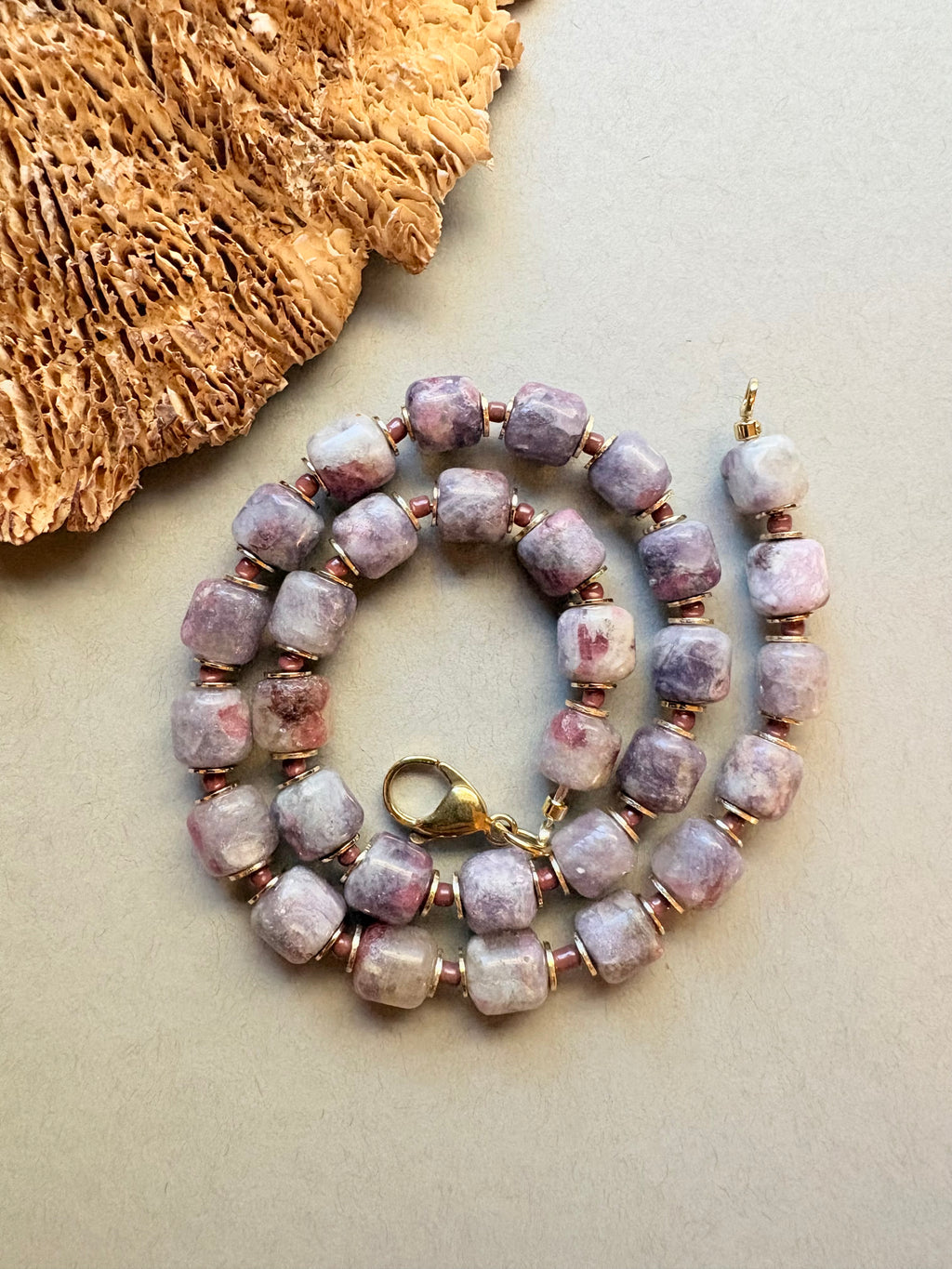 Pink Tourmaline in Lepidolite Quartz Beaded Necklace