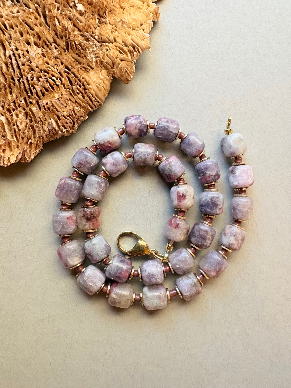 Pink Tourmaline in Lepidolite Quartz Beaded Necklace