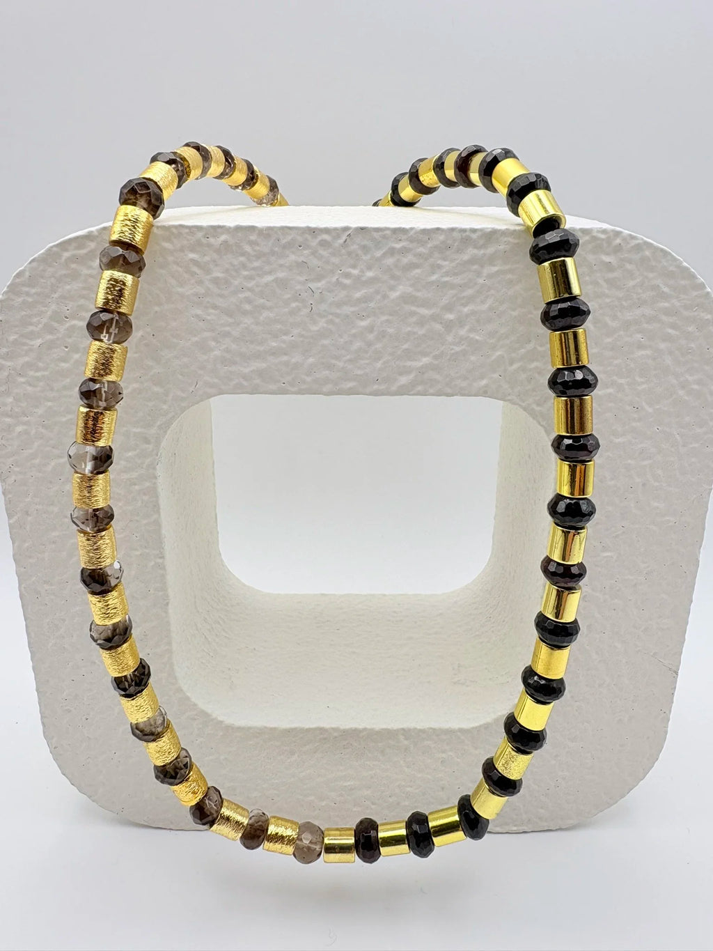 Smoky Quartz and Garnet Brushed Gold Tube Necklace