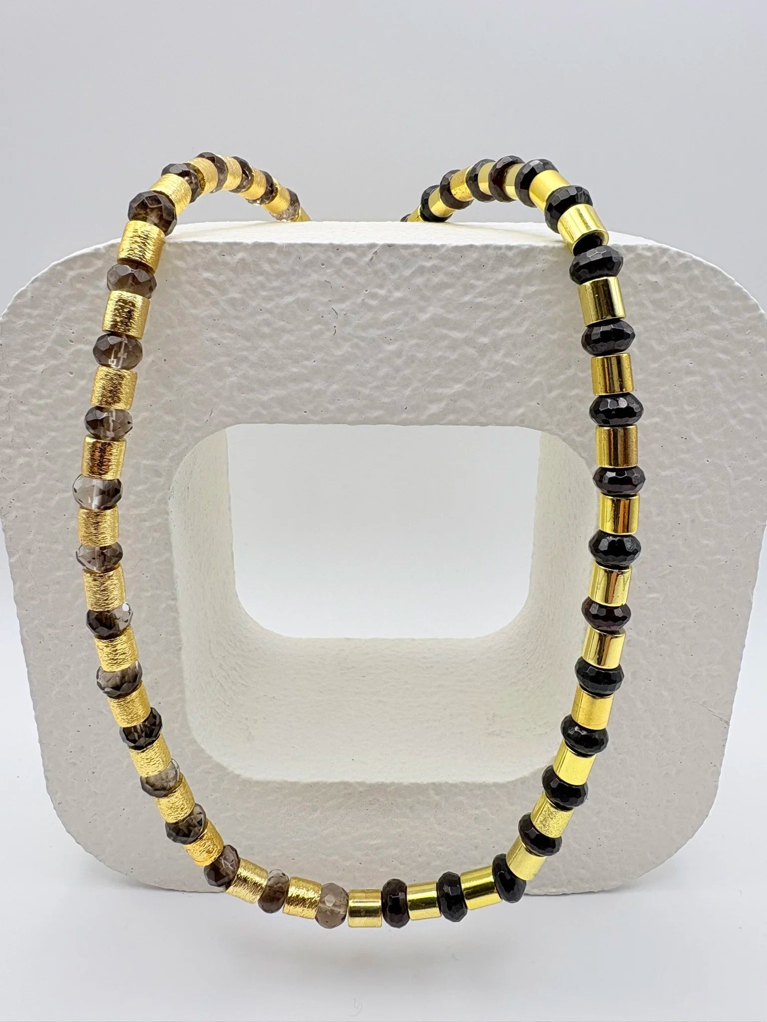 Smoky Quartz and Garnet Brushed Gold Tube Necklace