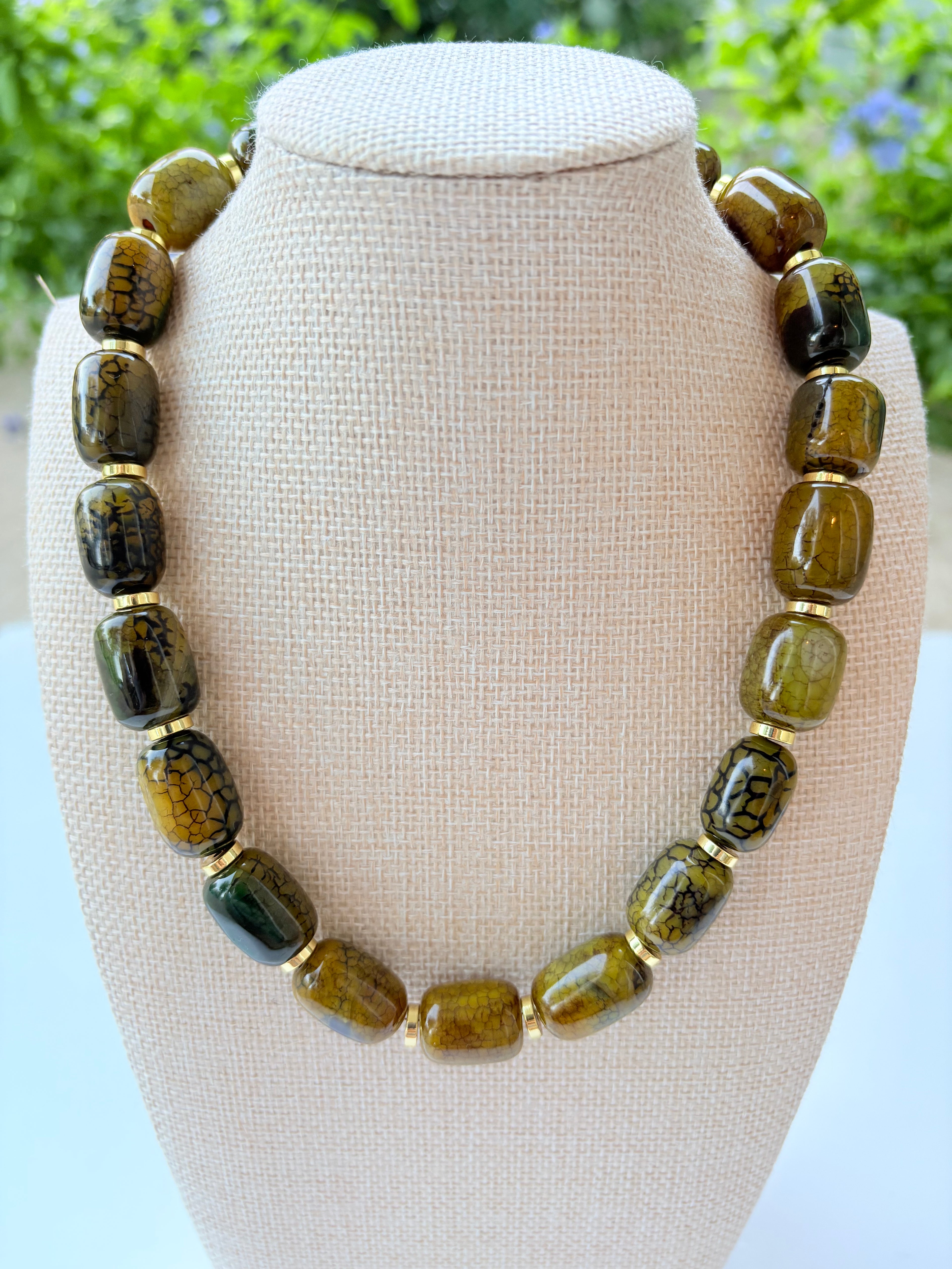 Dragon Vein Green Agate Vintage Beaded Necklace